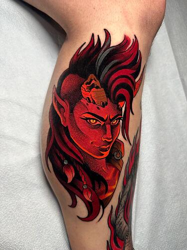 Karlach Tattoo by Evan Jones at Materia Tattoo in PA
